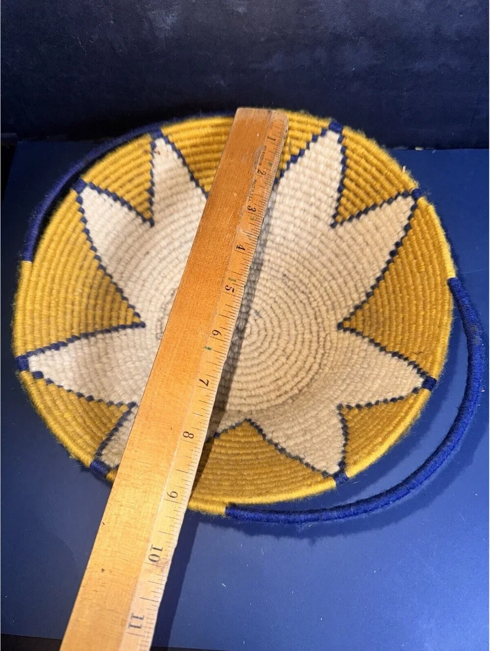 Handwoven African Wool Basket Blue Yellow White Starburst Design 9” Coiled Bowl